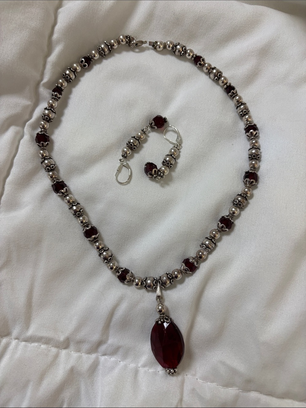 Hand Crafted Silver and Deep Red Bead Necklace with Matching Earrings